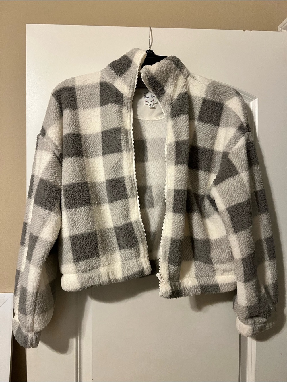 Cozy Grey & White Buffalo Check Sherpa Zip Jacket
